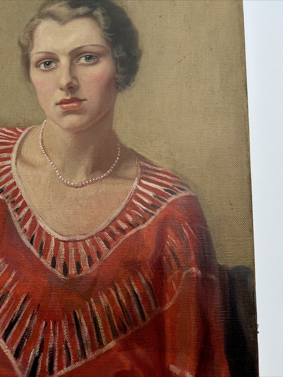 ANTIQUE PORTRAIT PAINTING PRETTY WOMAN FEMALE MODEL OIL ART DECO SIGNED LEWIS