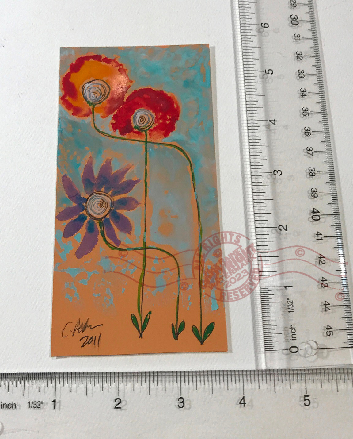 3 Maids 2011 C Peterson * Miniature Watercolor Painting * Flowers blue sky earth