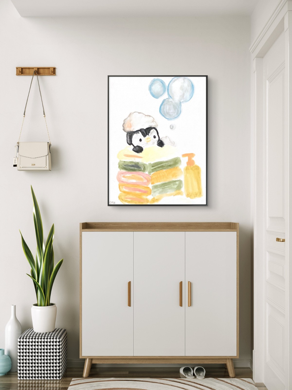Penguin Spa Minimalist Bubble Bathroom Original Art 11 by 14 Canvas Panel