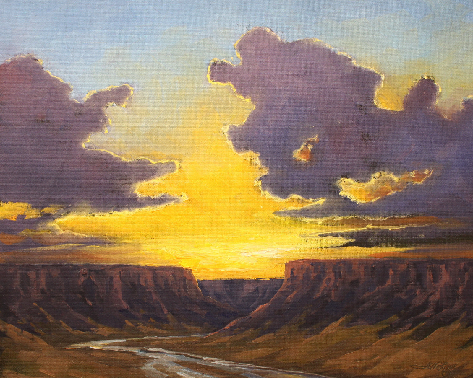 Jeff Love Art 16X20″ Original Oil Painting Canyon Cliff Bright Sunset River Sky