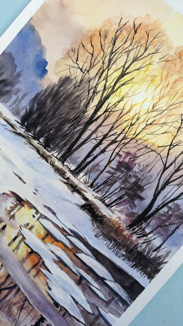 Winter Sunset Landscape Watercolor Painting Snowy Lake Ice Piver Original Art A4