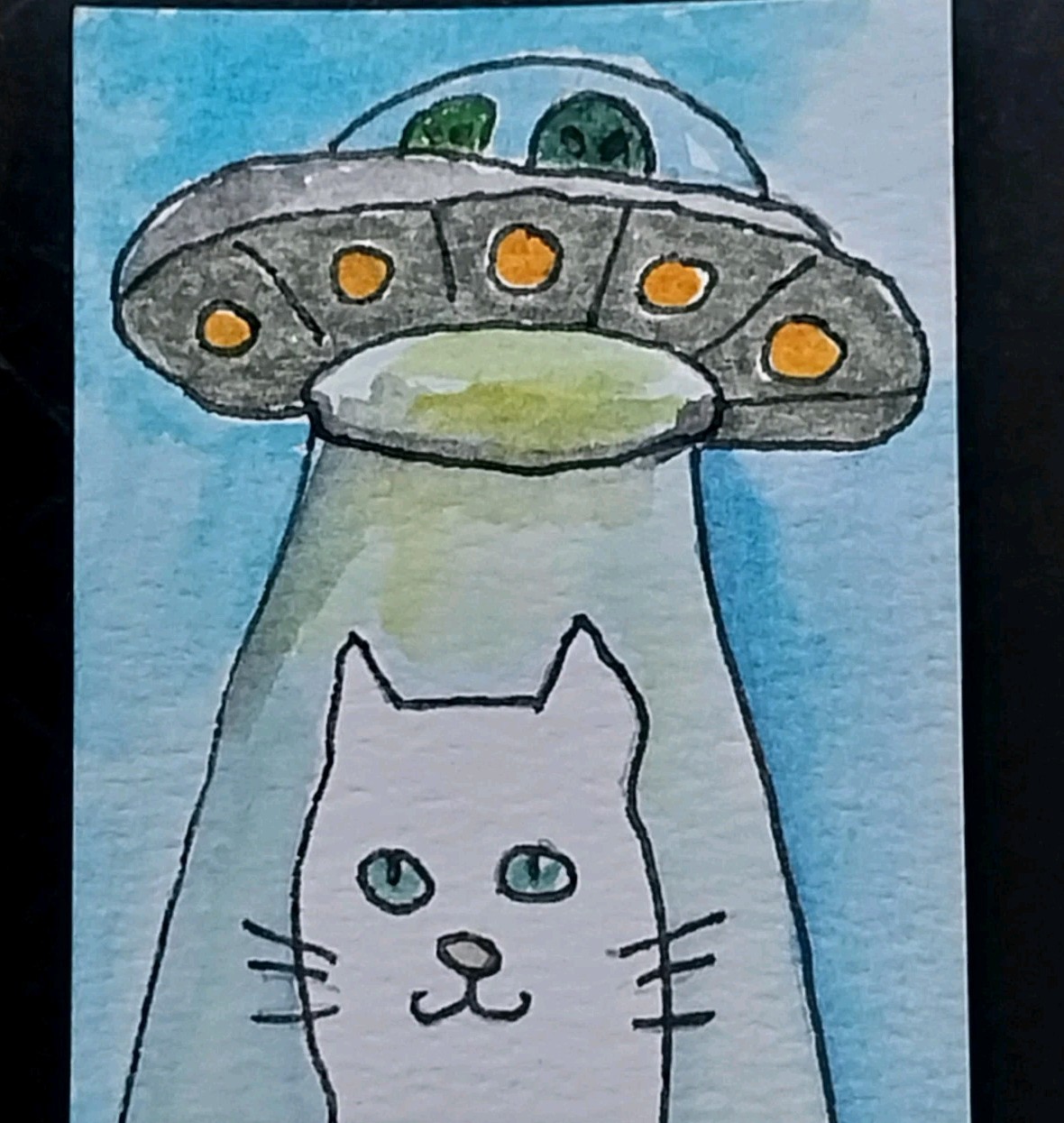 GAT ACEO ATC Cat UFO 3.5×2.5 Original Painting Whimsical Alien Art Decor GAT