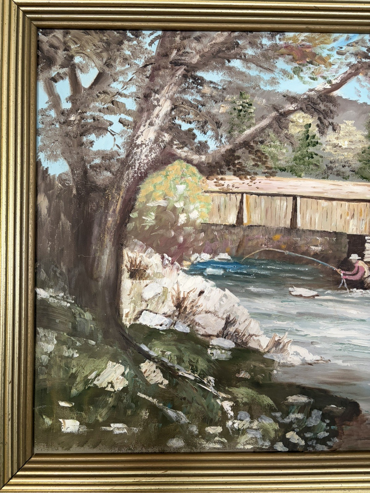 Landscape Oil Painting of Person Fishing In A Stream Near A Covered Bridge -1984