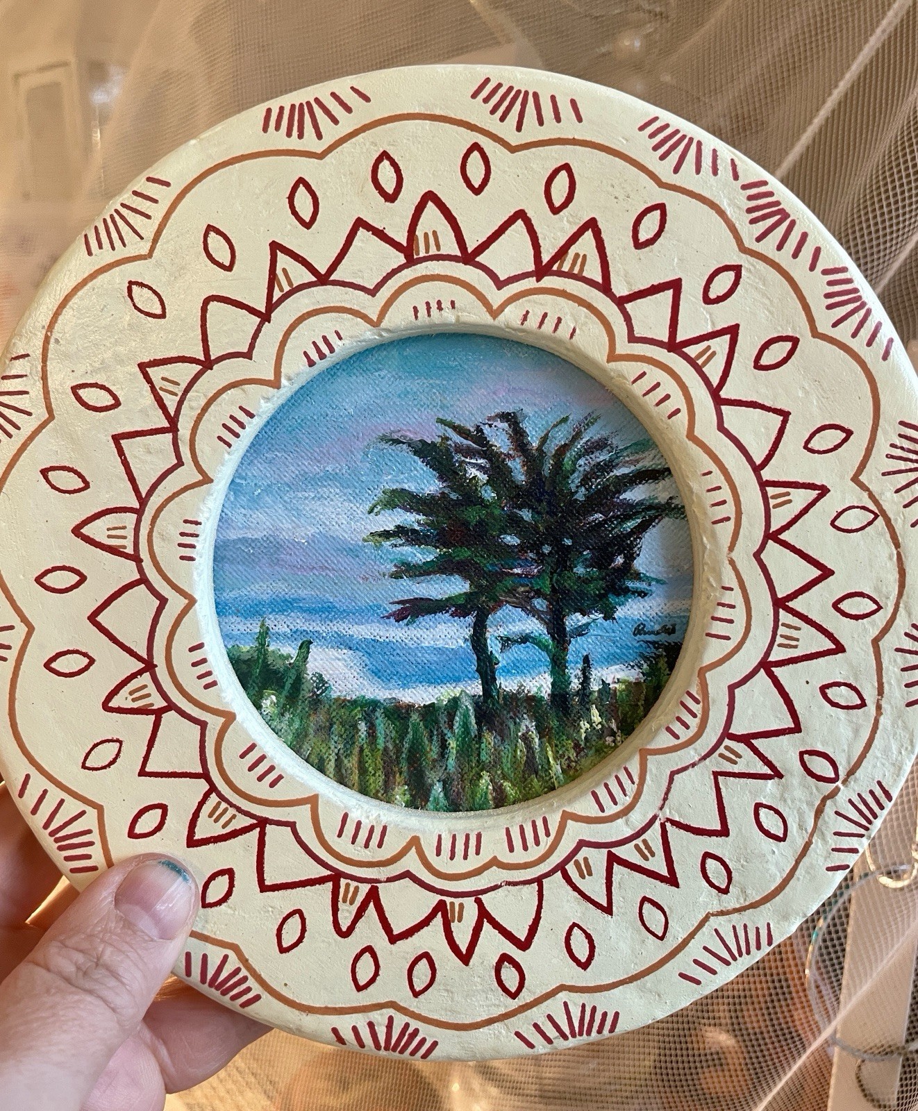 California Cypress Tree Painting Framed Round Coastal Landscape Wall Art