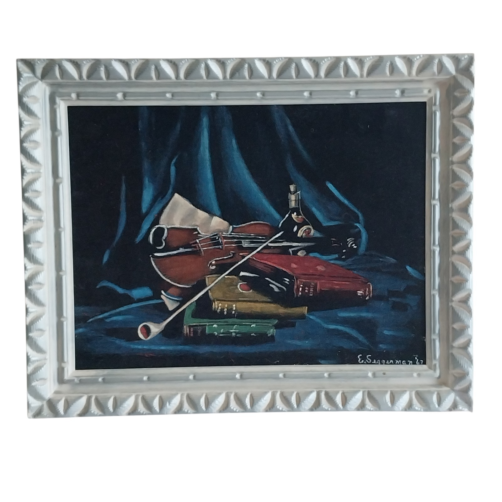 Vtg Oil on Velvet Still Life Violin Books Pipe Wine Framed 19.25″x15.25″ Signed