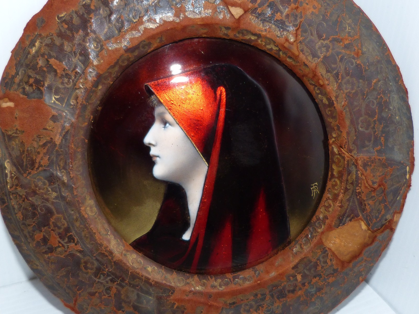 Large Antique Enamel On Metal Limoges France Plaque Saint Fabiola Signed