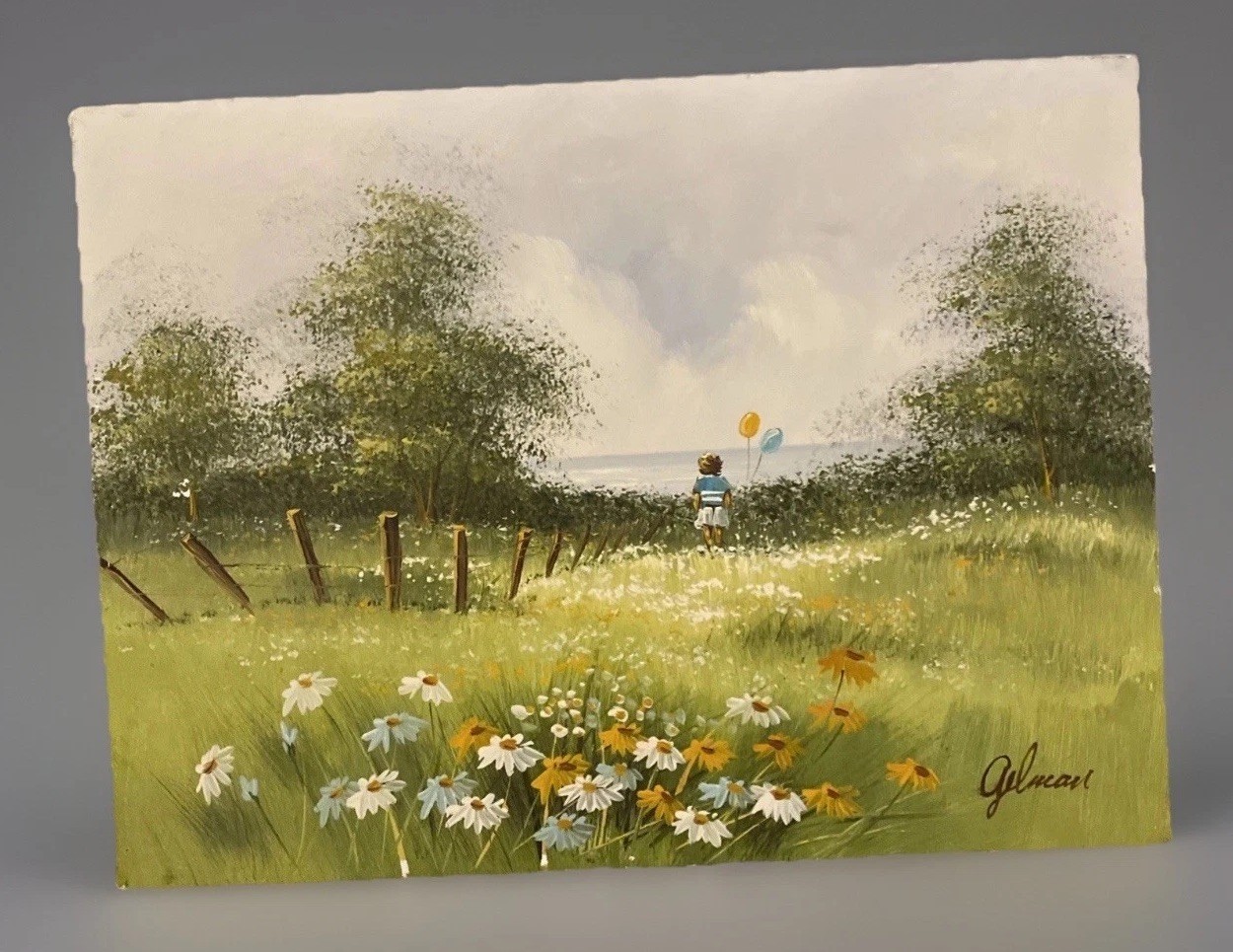 Vntg 70’s Original Oil Painting impressionist Landscape Child Balloons 16” X 12”
