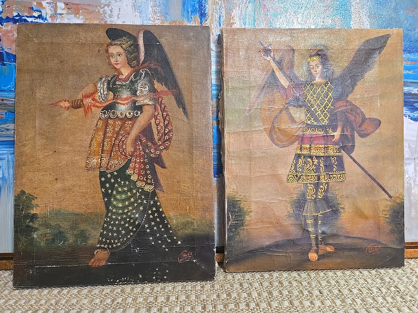 2 Antique Vtg Signed Cuzco Style Revival Painting Archangel AS IS 12 X 15