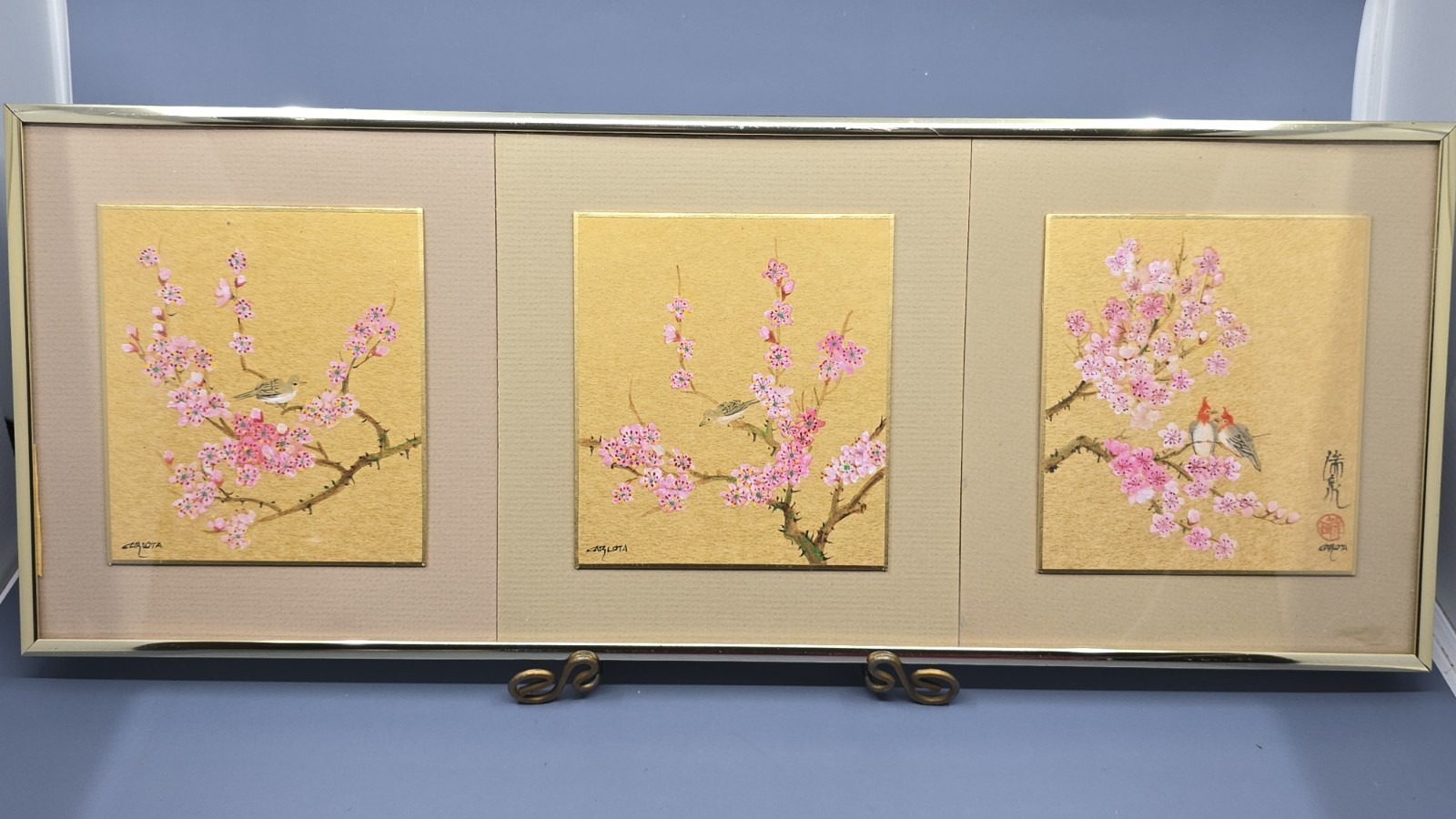 Vtg 3 Original Panel Cherry Blossoms & Birds Watercolor Paintings Framed