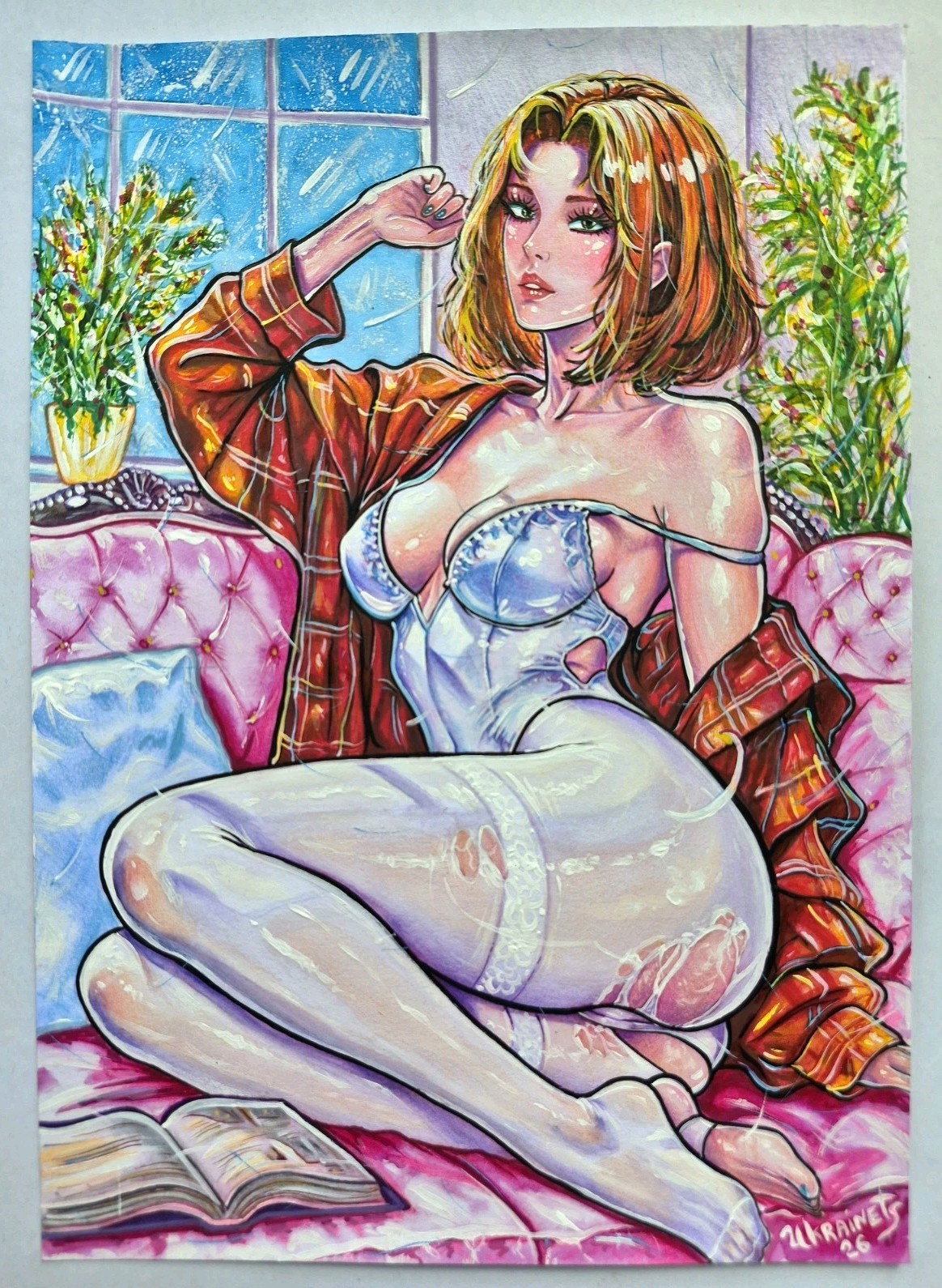 Original Handmade Painting A4 Redhead Woman Fantasy Anime Girl Portrait Female