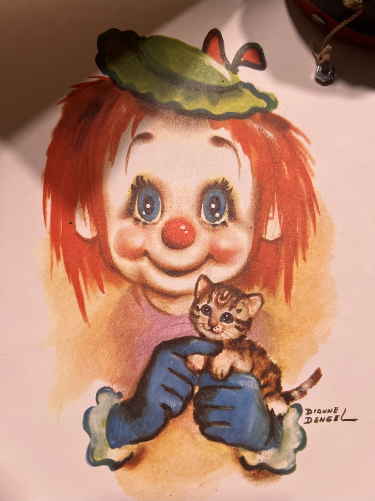 1966 Dianne Dengel Litho Big Eyed Clown Cat 10in X 8in Rolled Not Framed