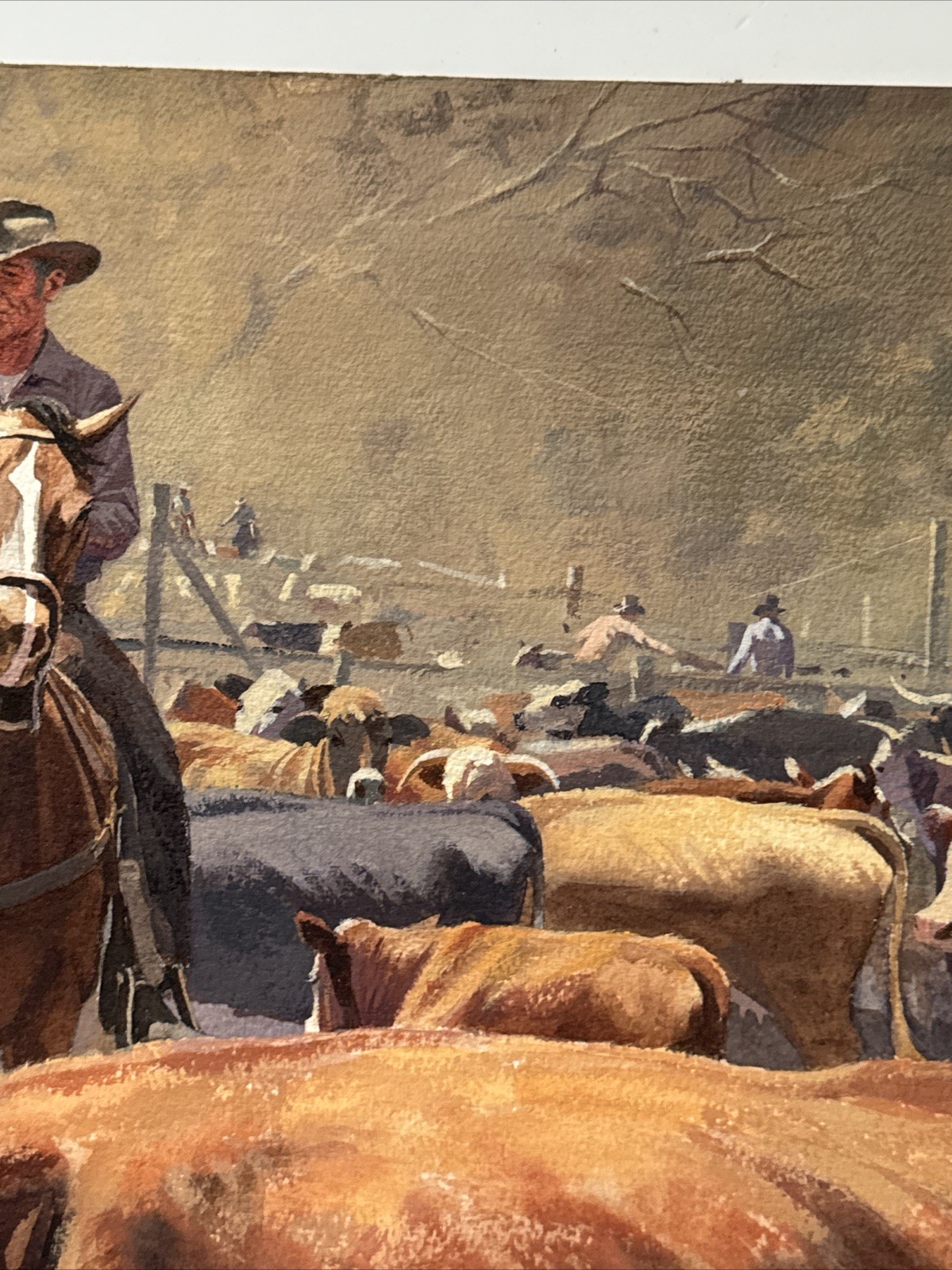 VINTAGE COWBOY PAINTING WESTERN RANCH COWBOYS FARM FARMING AMERICAN COWS