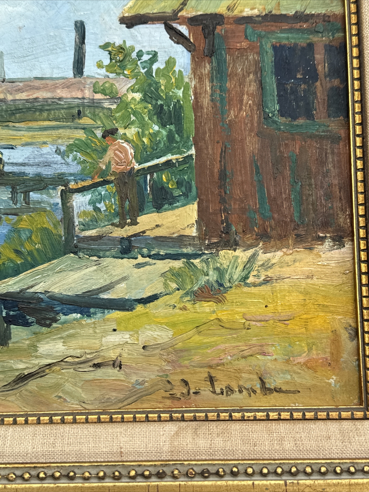 ANTIQUE PAINTING IMPRESSIONISM REGIONALISM MARINA NAUTICAL PORT BOAT DOCK OLD