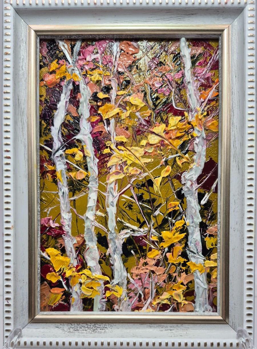 Original autographed oil painting in frame. Landscape. Birch grove. 4×6 inches.