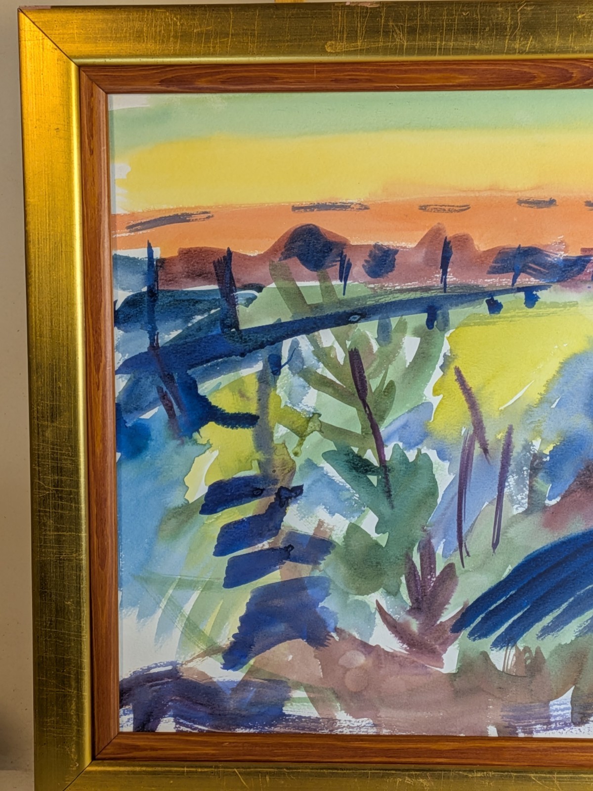 Vintage watercolor landscape painting abstract impressionist Jersey City Liberty