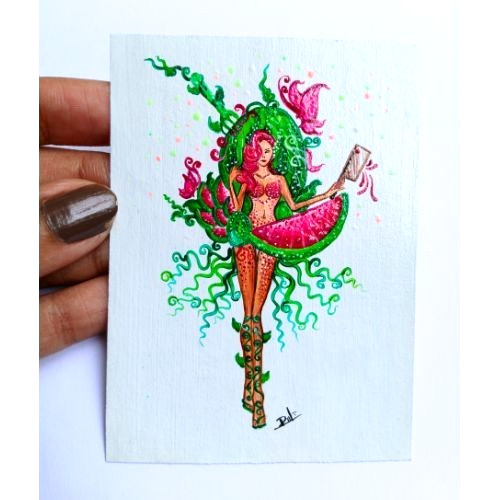 ACEO Original Abstract Fruit Lady UV Radiant Acrylic Pop Art Hand Paint NEW OOAK