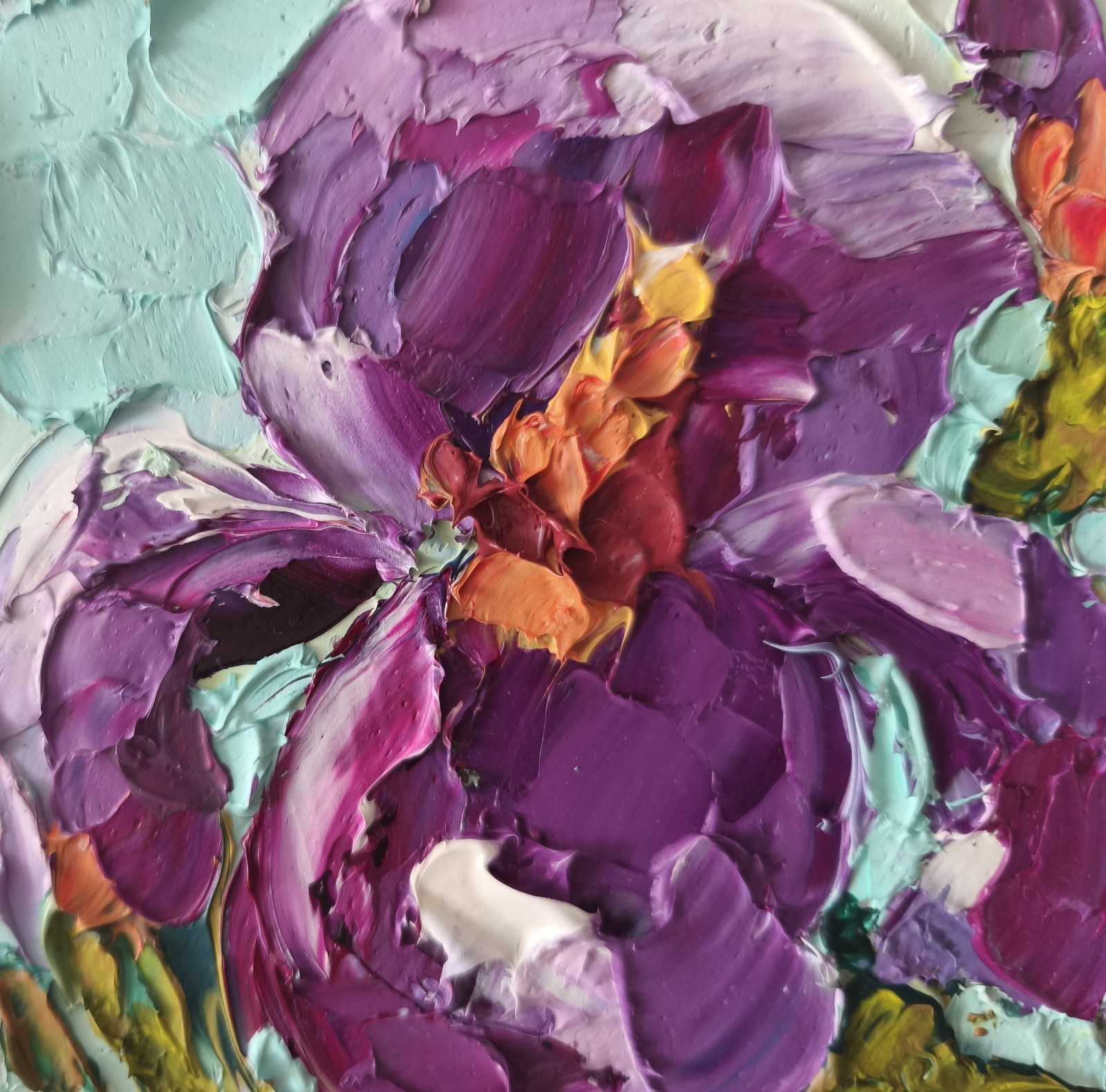 Flowers Original Oil Painting Purple Irises Miniature Impasto Art 4x4in Signed