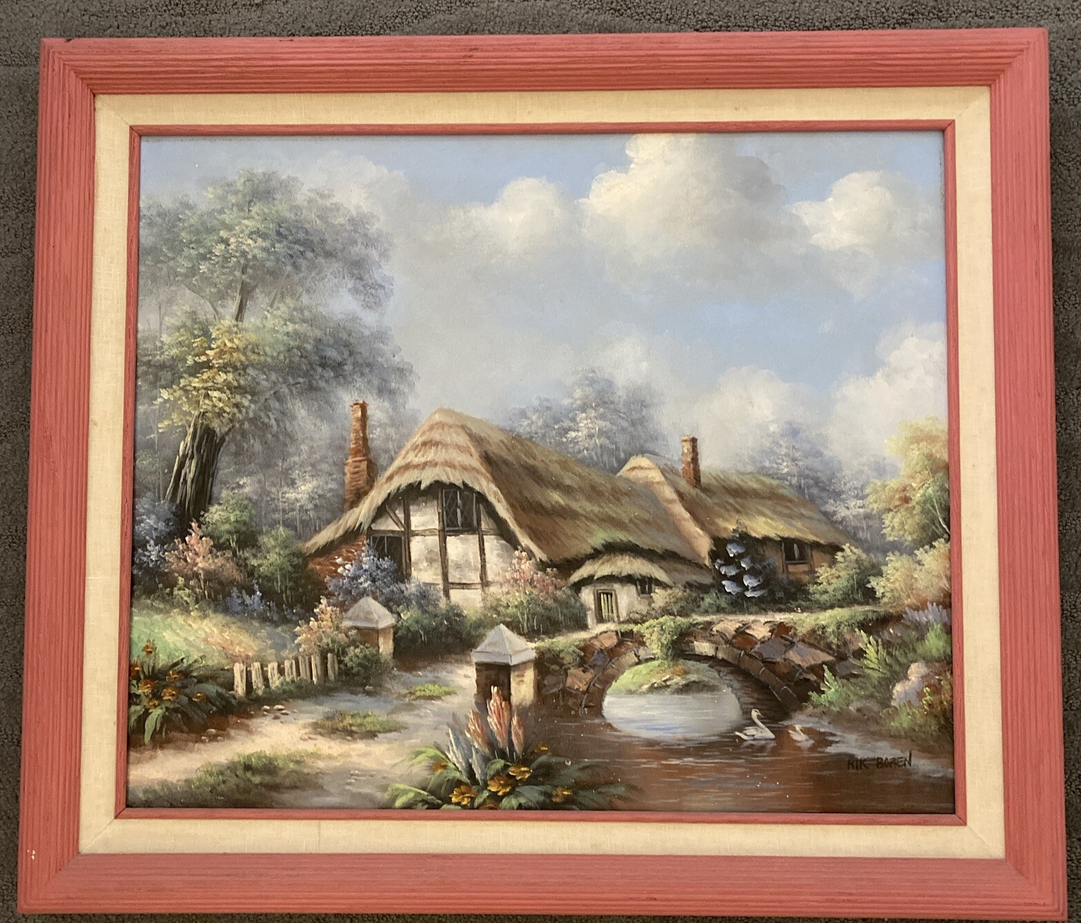 Vntg Oil Painting Cottage Scene by Rik Boren Signed Canvas Framed 29” X 25” Rare