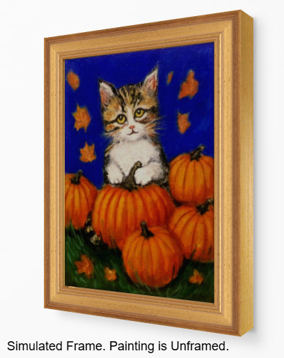 Original Cat Painting Kitten & Pumpkins 5×7 Pet Modern Wall Art Decor