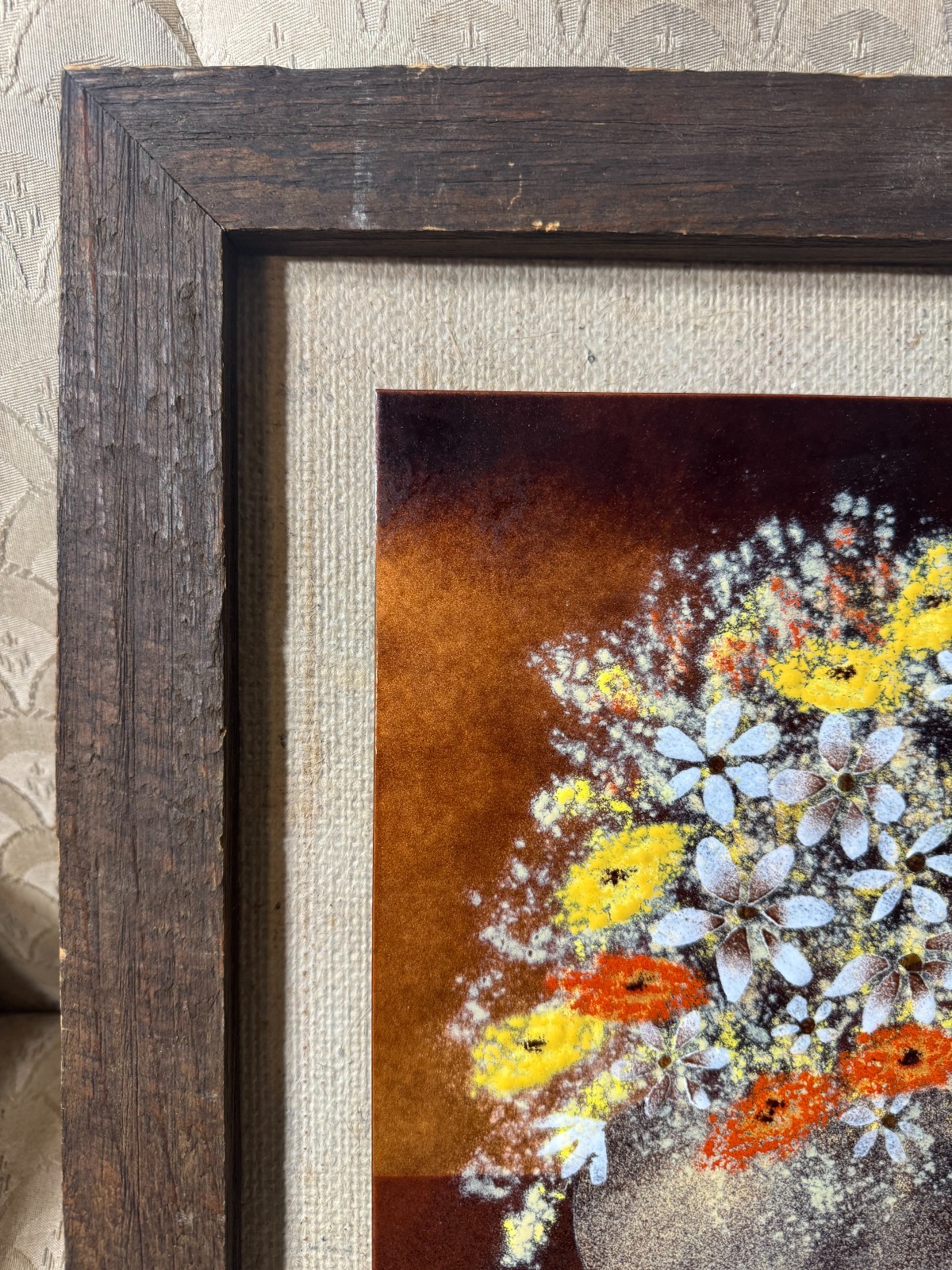 Terri Oullette «A Floral Scene» Enamel On Copper Painting – Signed And Framed