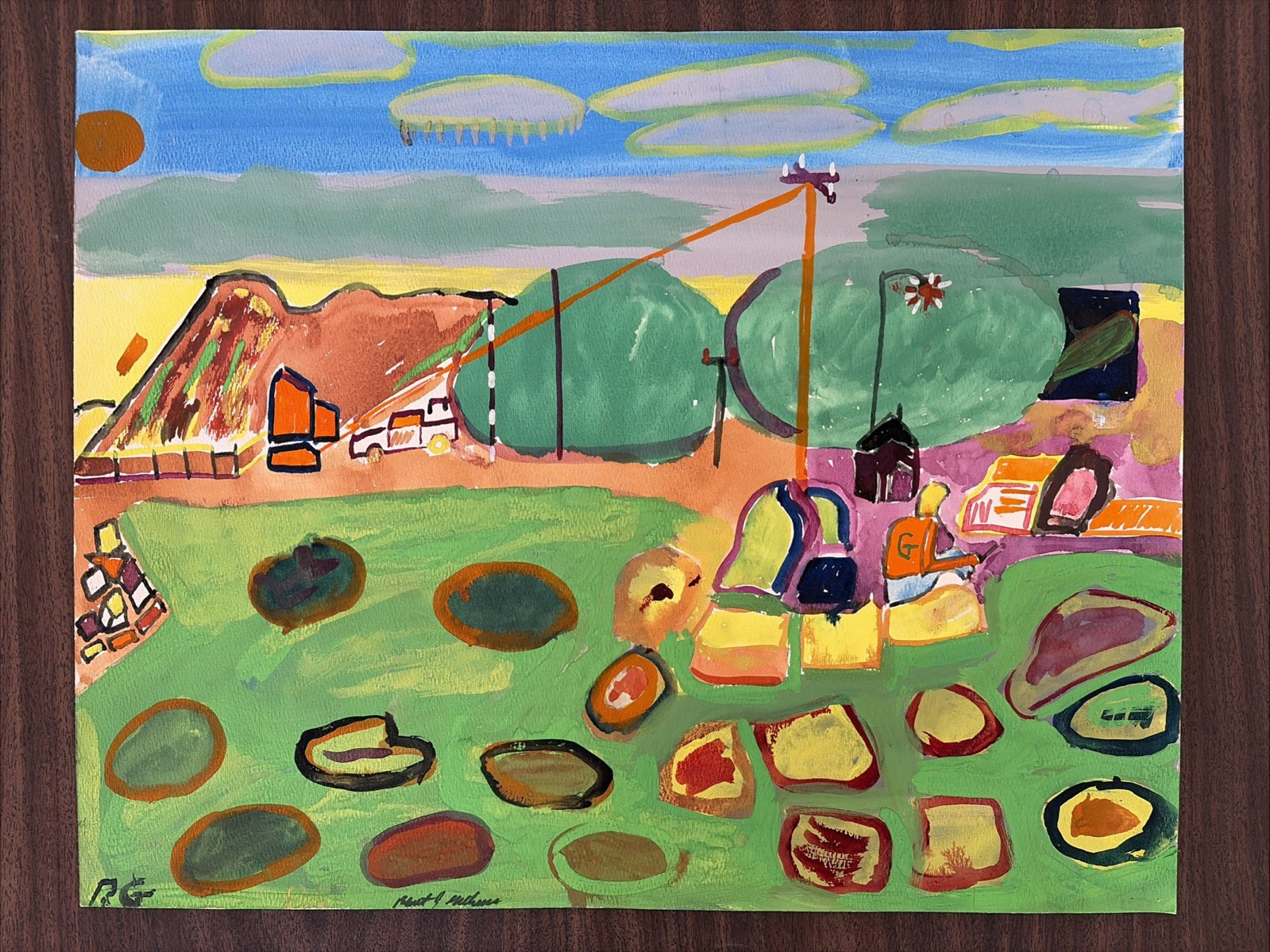 Vintage 80s Outsider Art Daily Life Landscape Painting Robert Gilkerson 20×16″