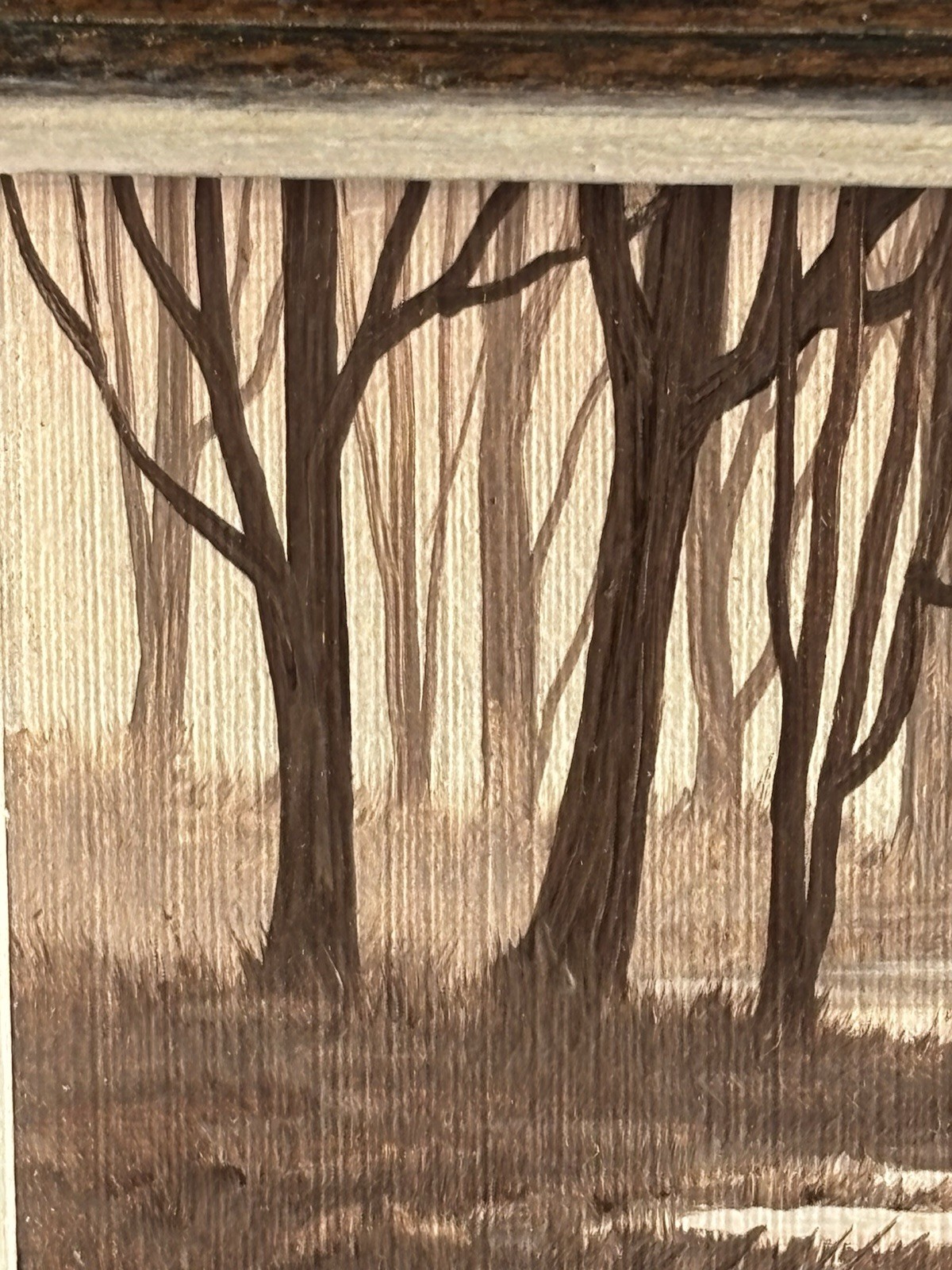 Mini Acrylic Framed Winter Landscape Painting Monochrome Trees Stream Signed
