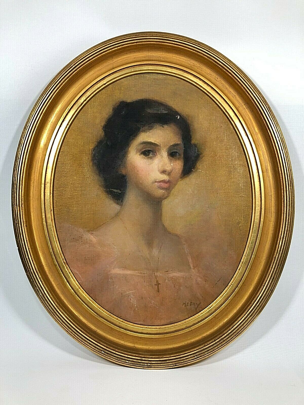 Edwardian Era GILT FRAMED 21″x 25″ OIL ON CANVAS BOARD GIRL PORTRAIT PAINTING