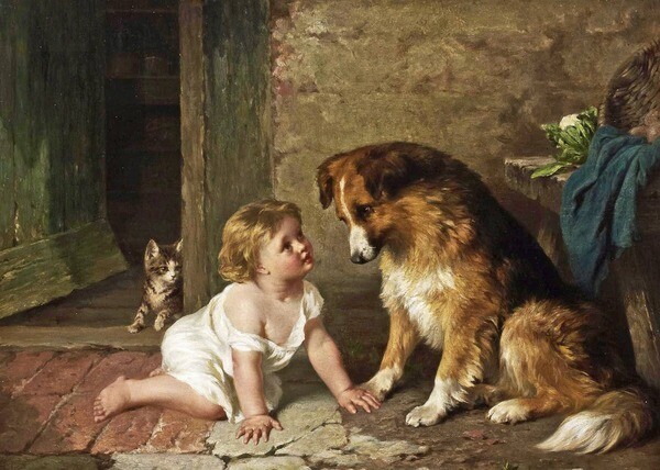 Oil painting George Augustus Holmes Playmates child kid with pet dog cat canvas