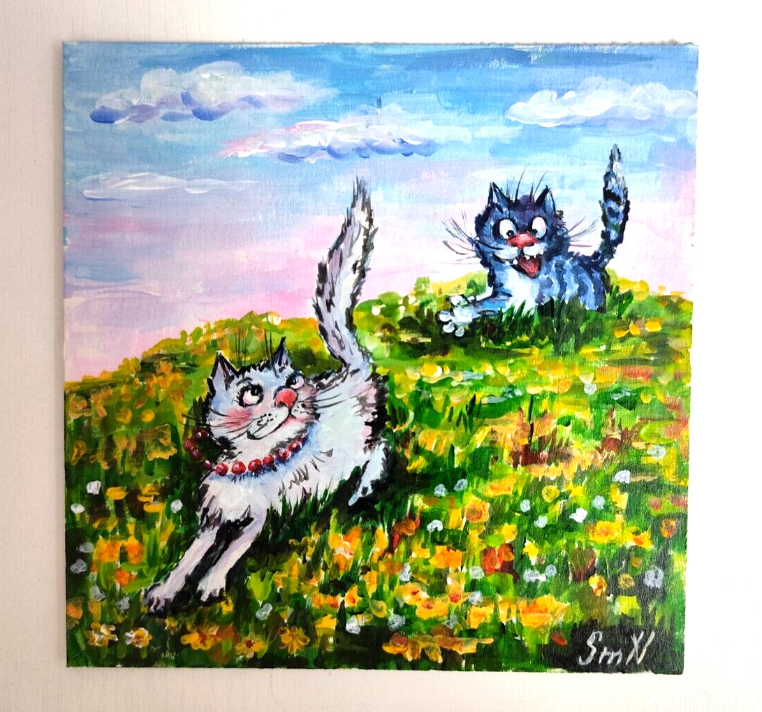Original Art Funny Cat Abstract Painting Love Couple Portrait Kitten Artwork Pet