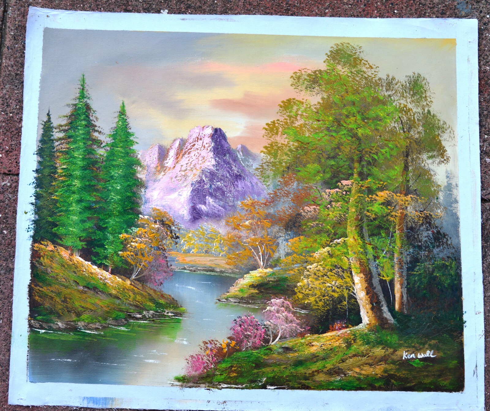 MOUNTAIN PINE TREE BUSH RIVER VIEW 24″ HAND PAINTED OIL PAINTING DECOR GIFT F188