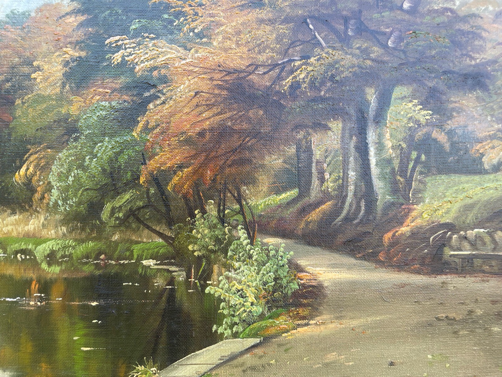 Impressionist Autumn Park Landscape Deciduous Trees Lake Bank Oil Painting 1936