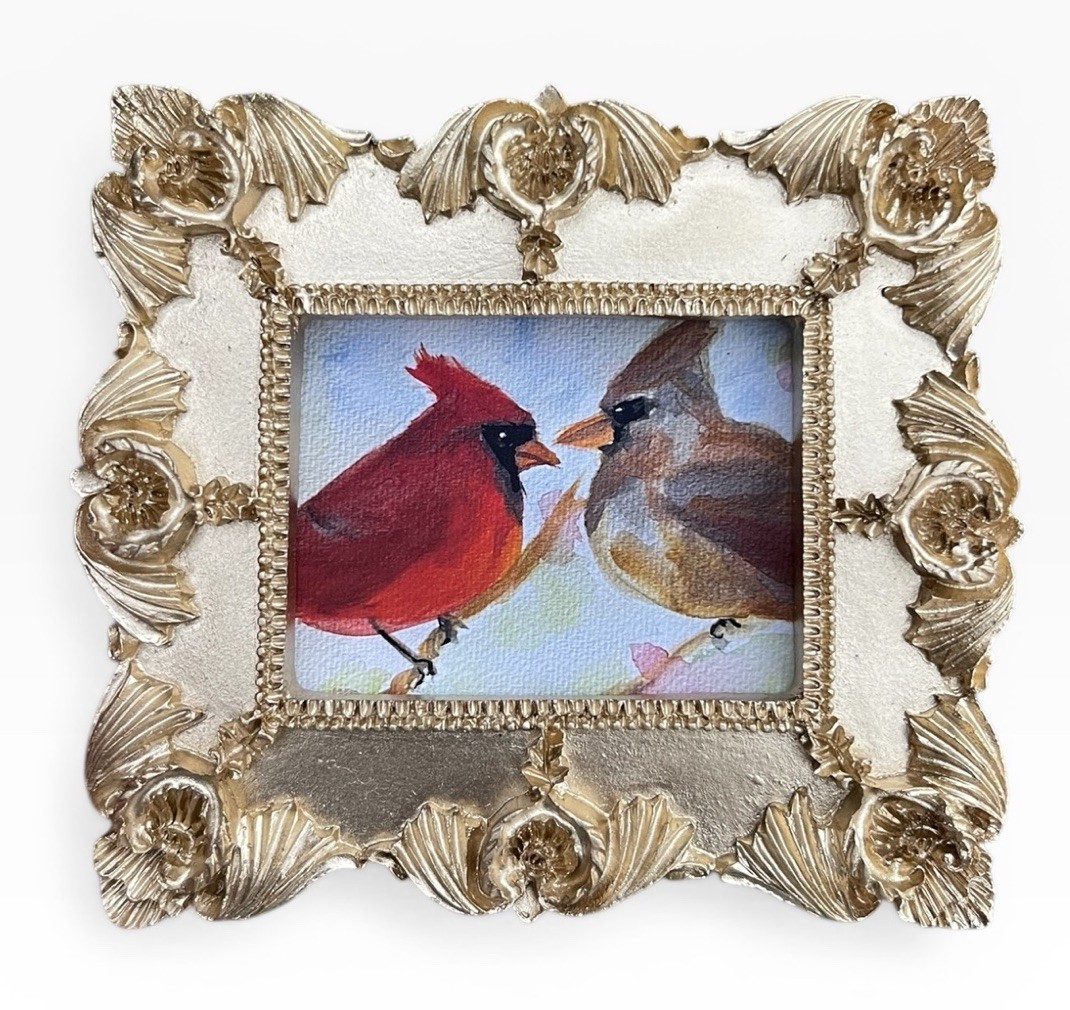 Male & Female Cardinal birds watercolor print , mini gold ornate frame