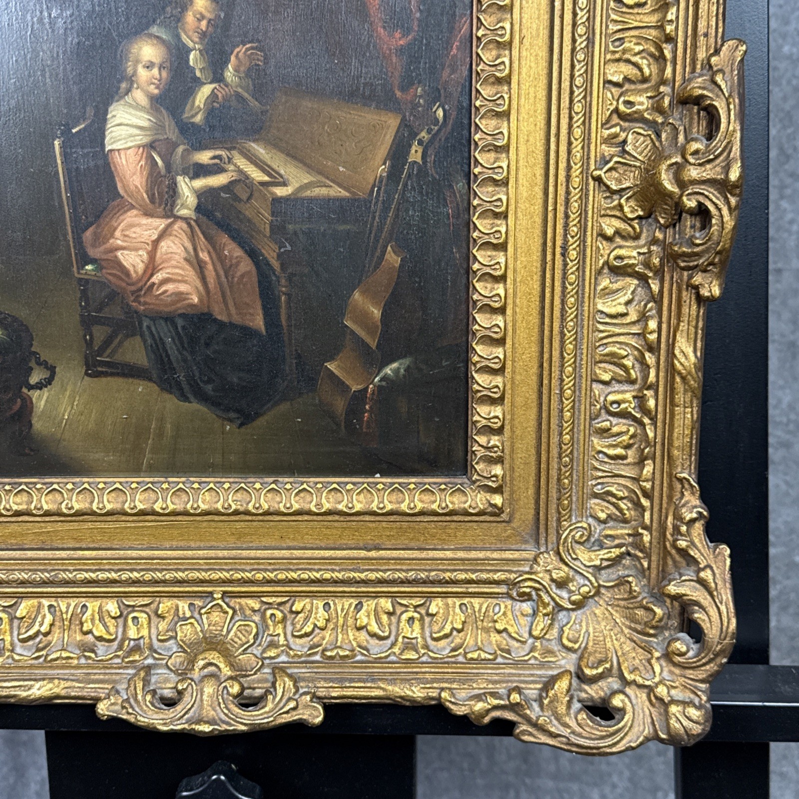 19thC Continental School Oil On Copper Painting Piano Lesson Framed 18×19”