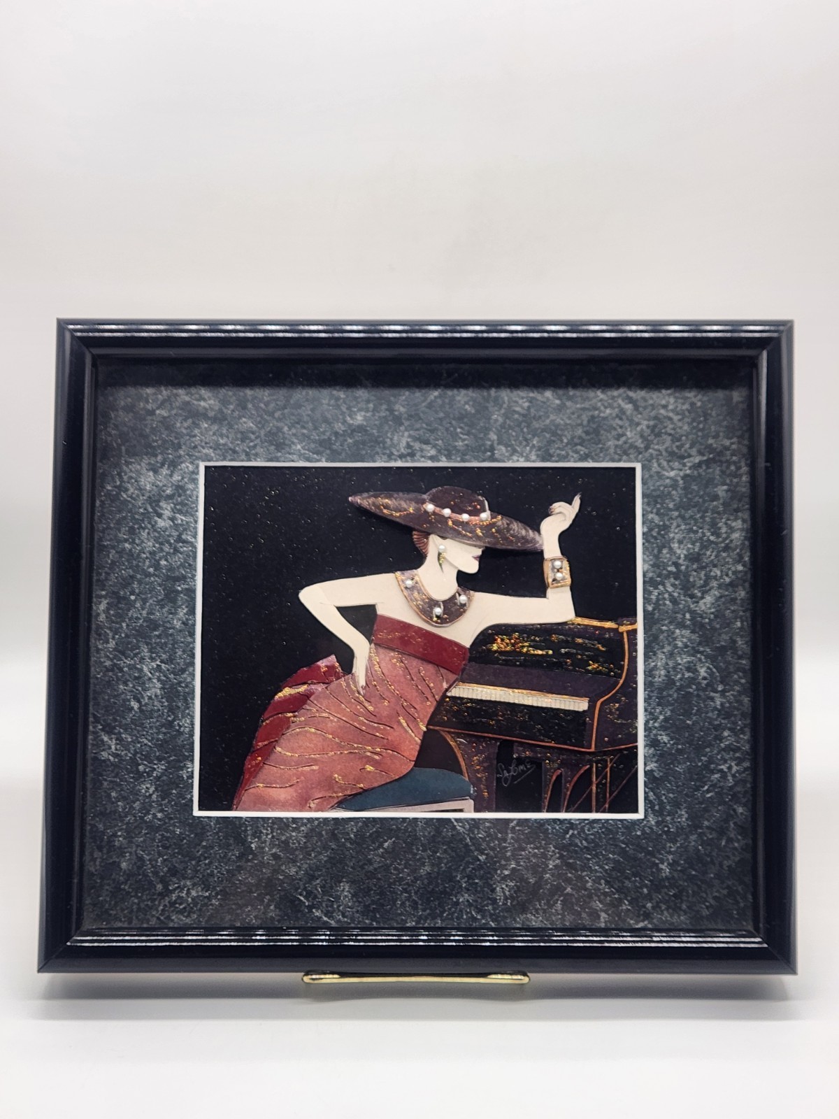 Signed Connie Salome Stunning 3 – Dimensional Framed Art Deco Lady and piano