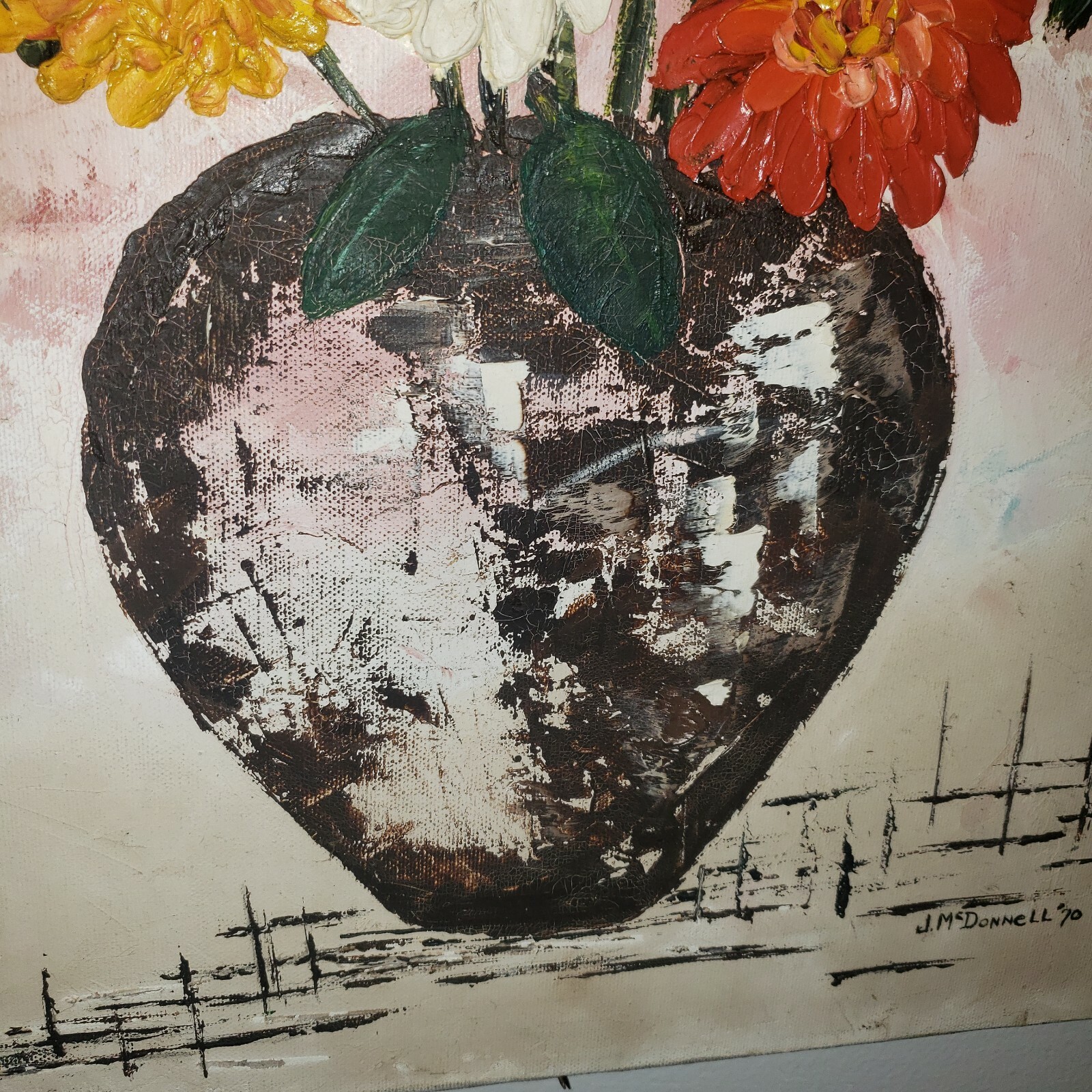 Vintage Unique Still Life Oil Textured Painting By Artist J.Mc Donnel 70s