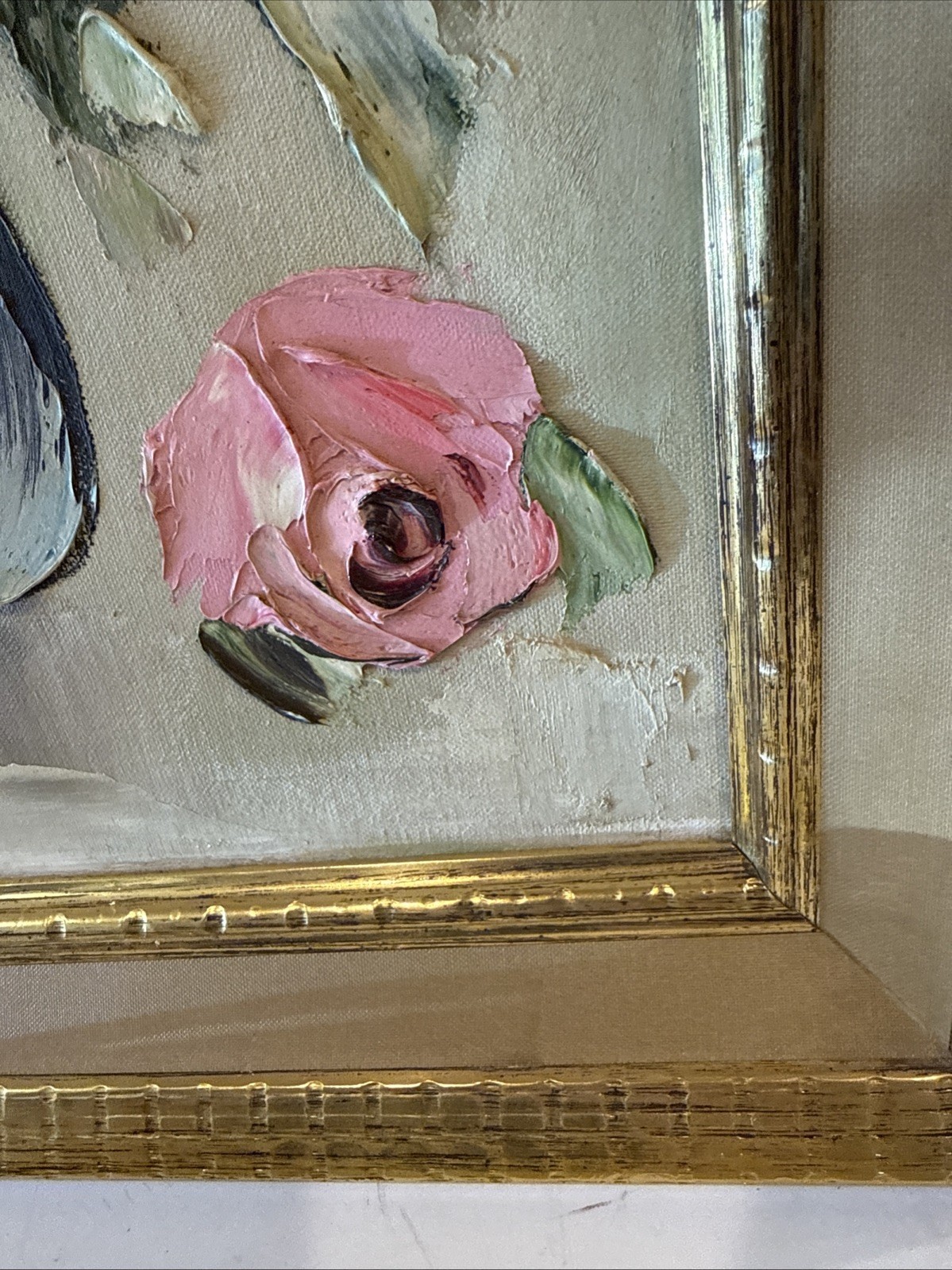 20×24” Large Signed Oil Painting Pink Blue Black Floral Flowers Vase Wood Frame