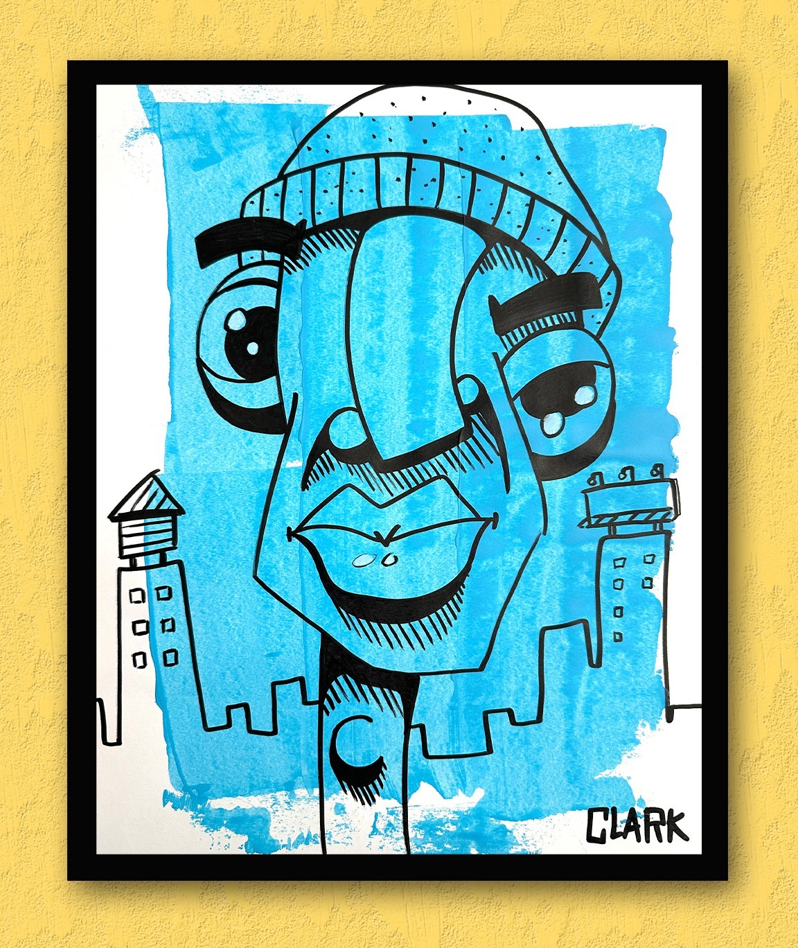 Abstract Blue Cubism Character Painting – 14×11″ Acrylics on Mixed Media Paper