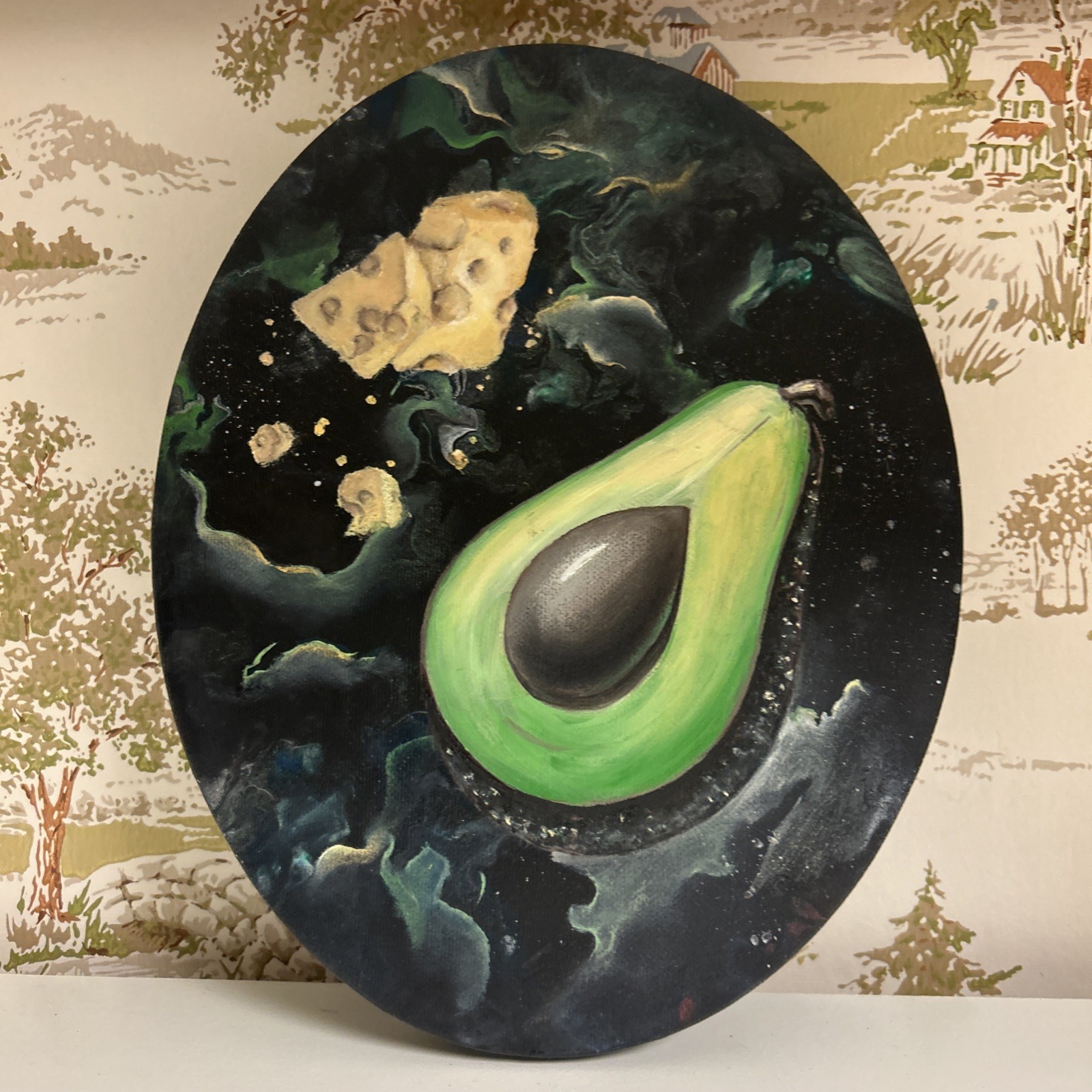 Original Art Foodie Oval shaped acrylic painting sliced avocado & Swiss cheese