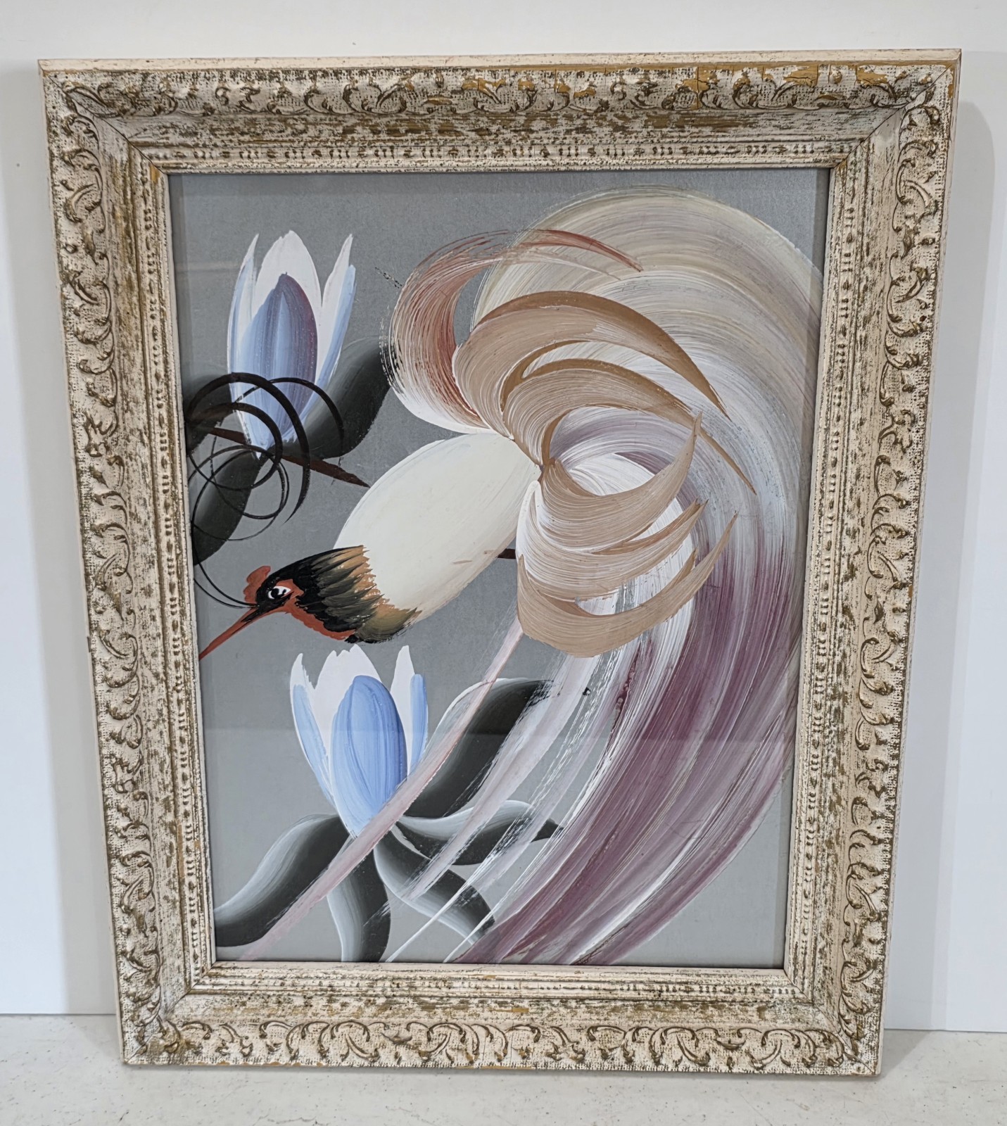 1950s MCM Bird Of Paradise Original Silverboard Painting Framed 15.25″x19.25″