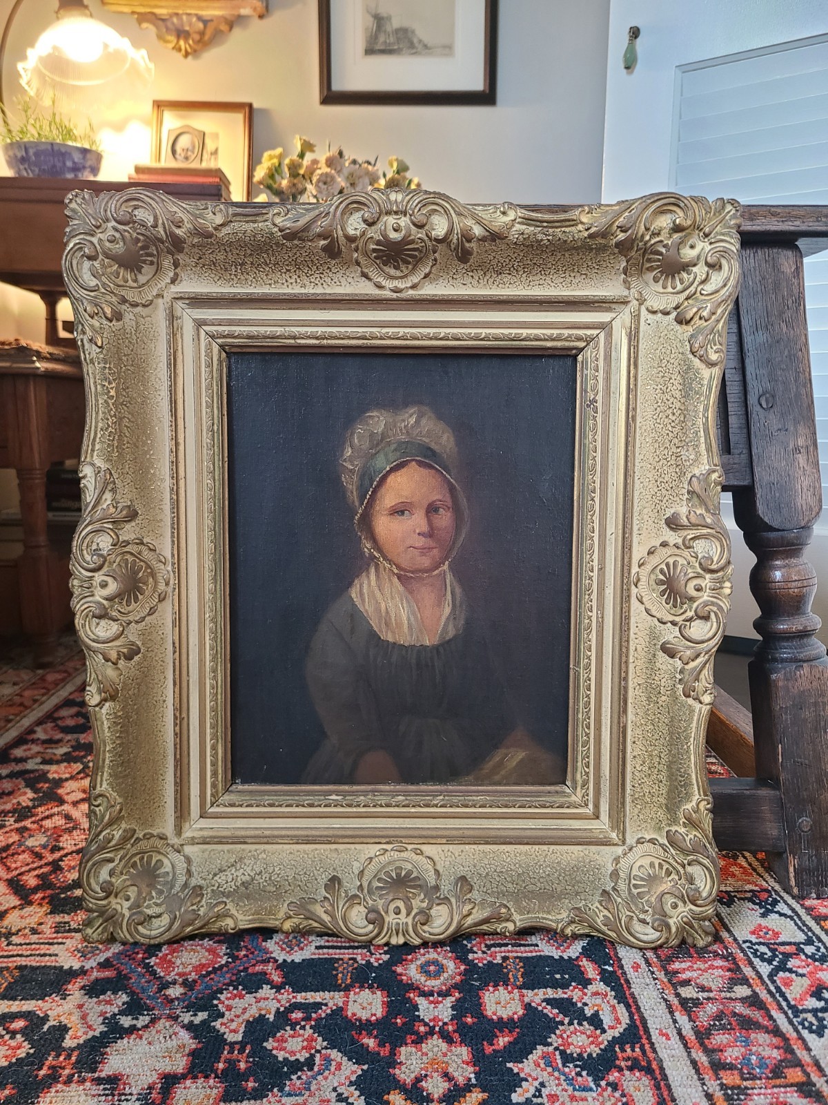 Antique 19th Century Oil Painting Portrait of a Young Lady in a Bonnet