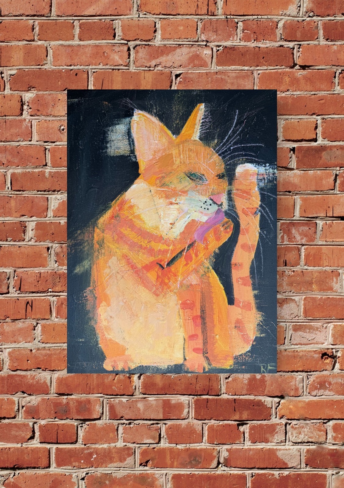 Orange Cat Painting Original Canvas 11×14 “Midnight Marmalade” Licking Paw
