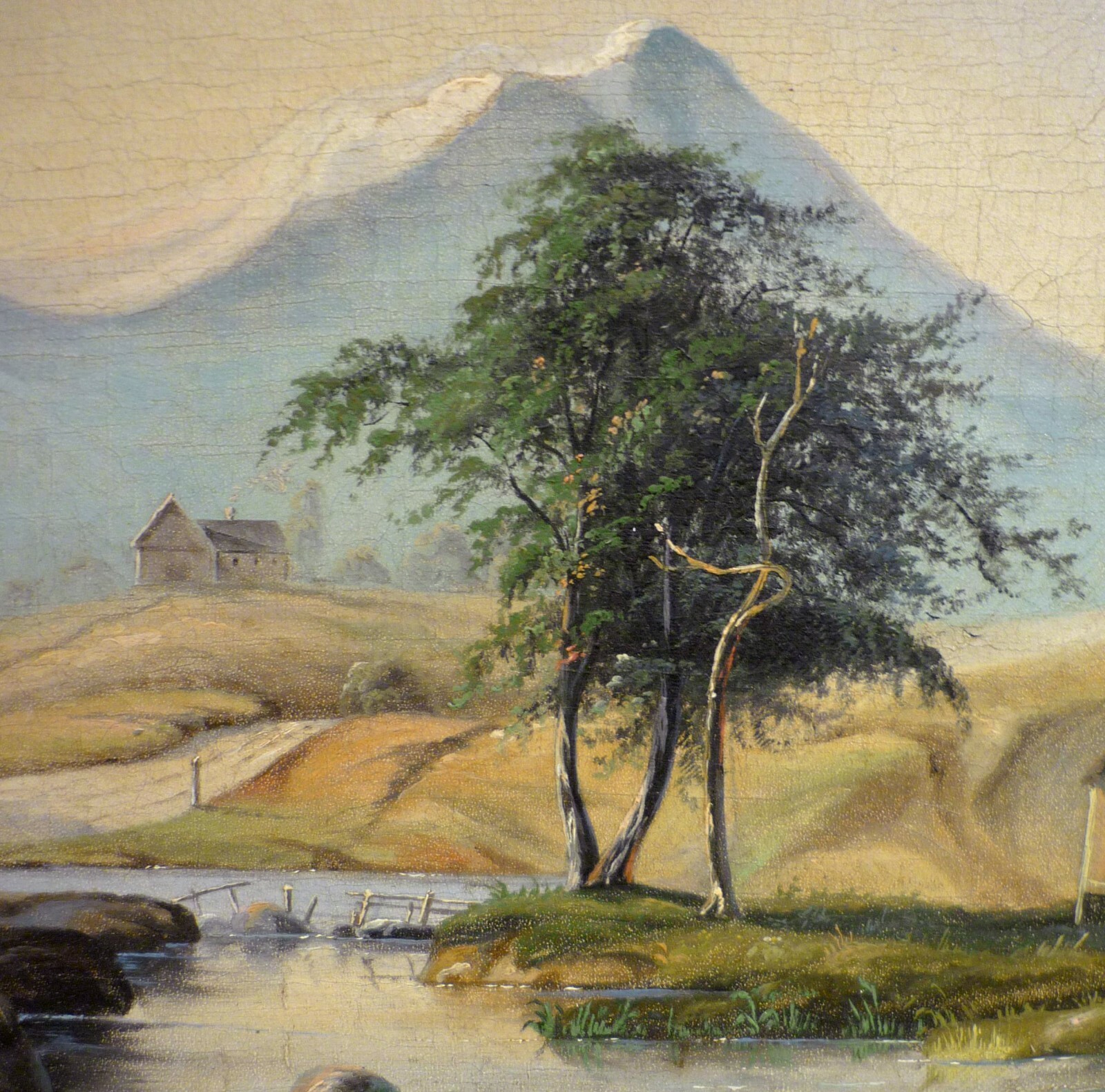 TROELS LUND! MOUNTAIN LANDSCAPE WITH HOUSE AT THE STREAM. PAINTED AROUND 1850