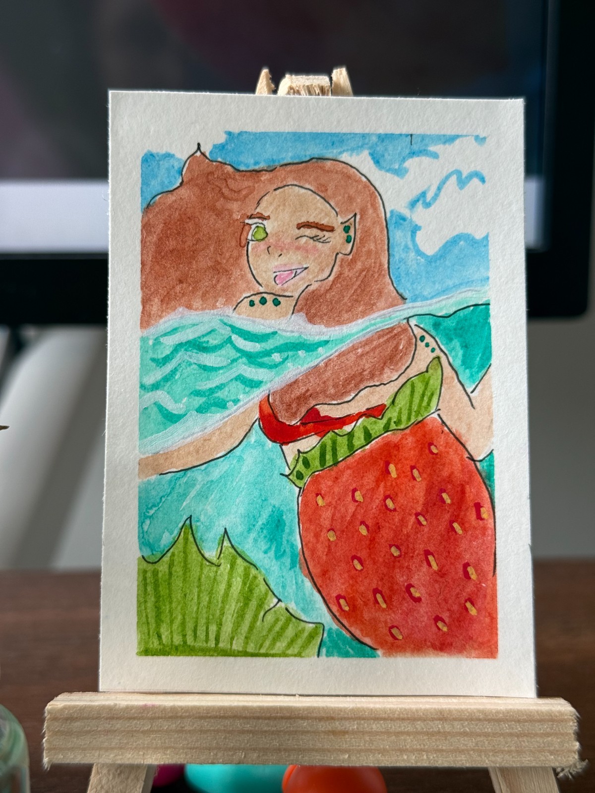 ACEO original, Mermaid, Strawberry, Fantasy, Watercolor Art by DLDobbins