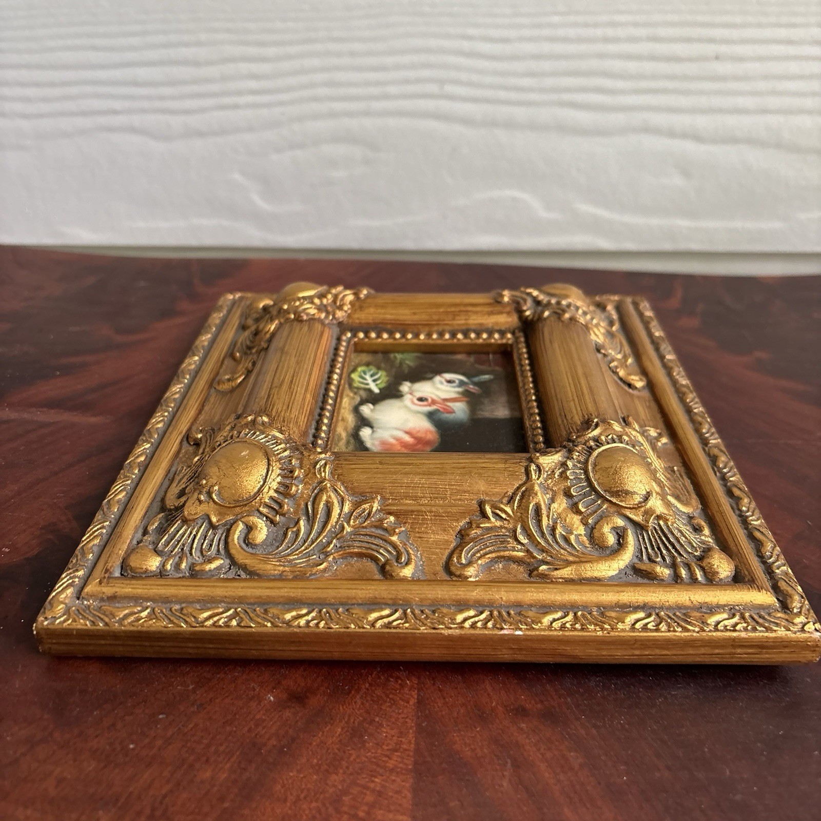 Vintage Bunny Rabbit Painting Gold Frame Ornate French Country Style Florentine