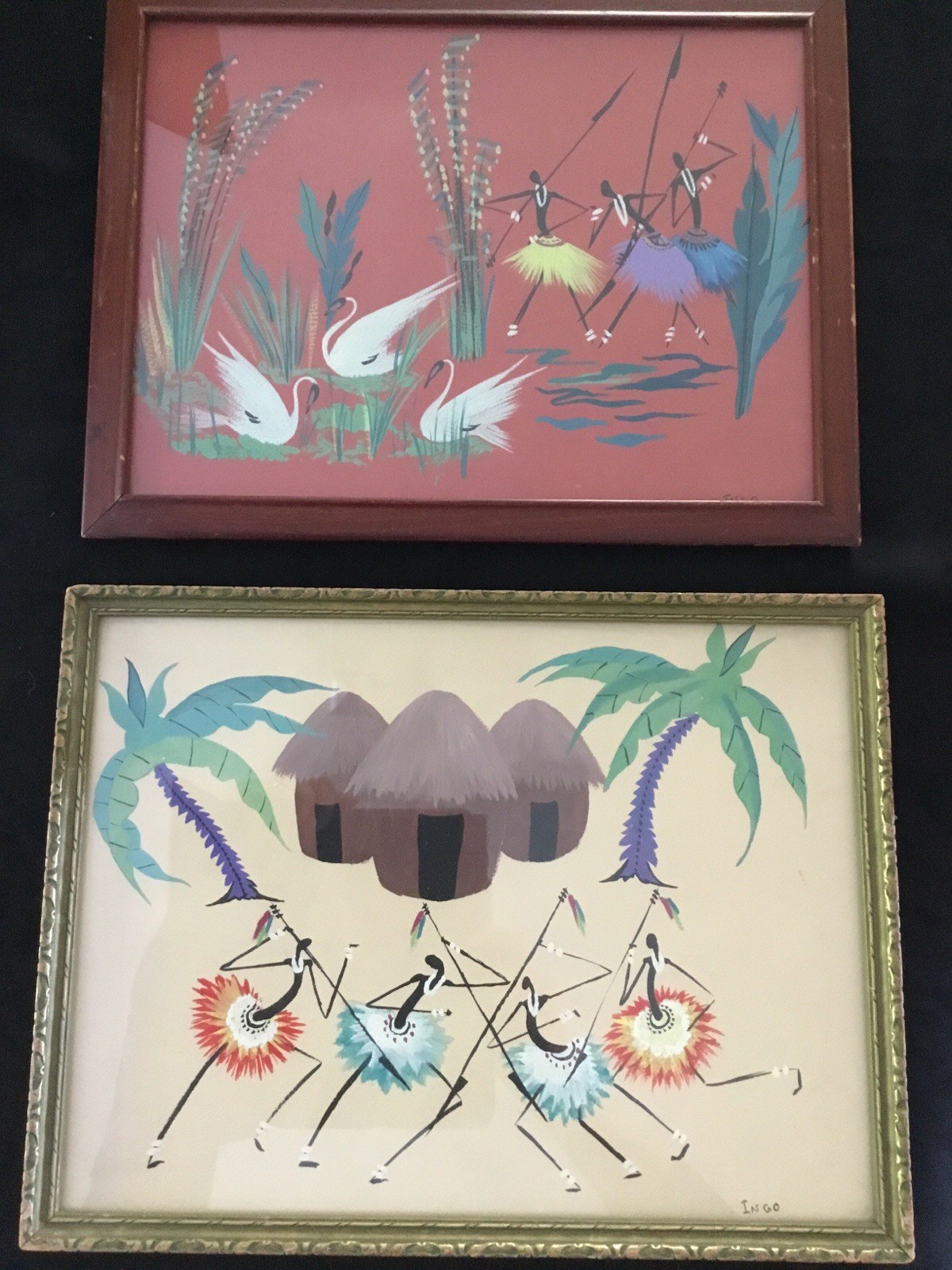 1950’s African Tribal Abstract Folk Art Belgian Congo Gouache Painting On Paper