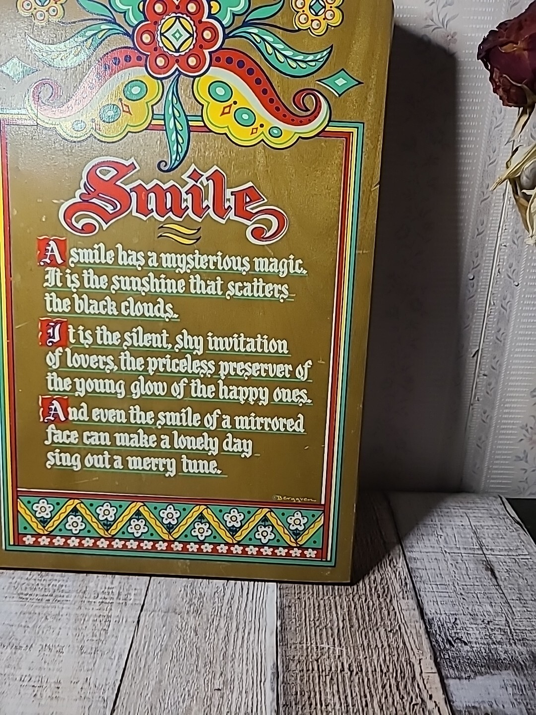 Vintage Berggren Wood Cutting Board Smile Hand Screened Poem Scandinavian Design