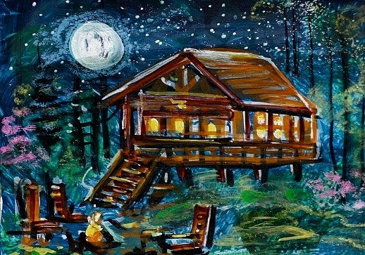 ACEO Original PAINTING Spring TREE Night Sky Moon CABIN Nature Landscape ATC ART