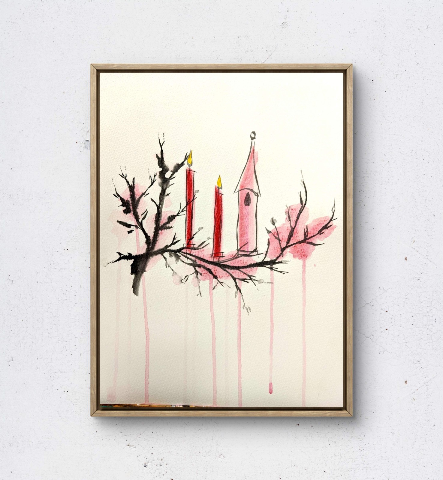 BirkeloART 9×12 Christmas Branch Candelabra Original Mixed Media Paper Wall Art