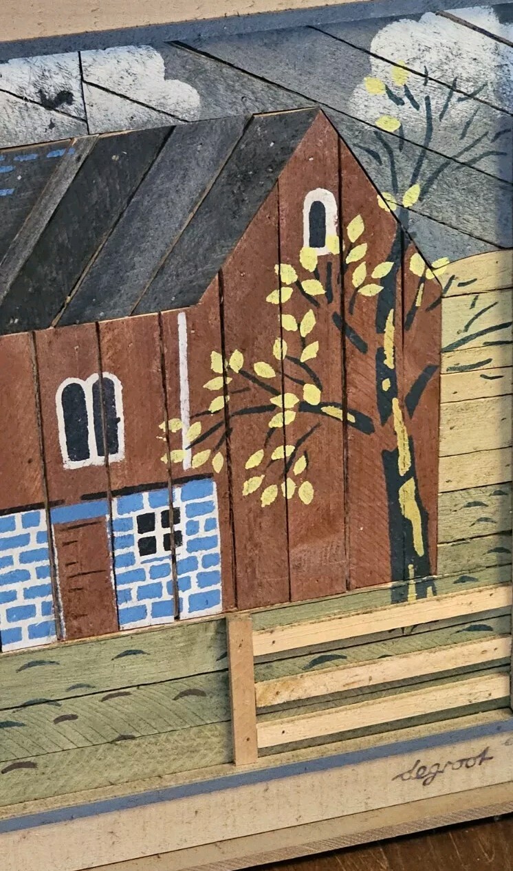 Vintage Theodore Degroot Lath Art Farm Wood Mosaic 37×25 Signed Folk