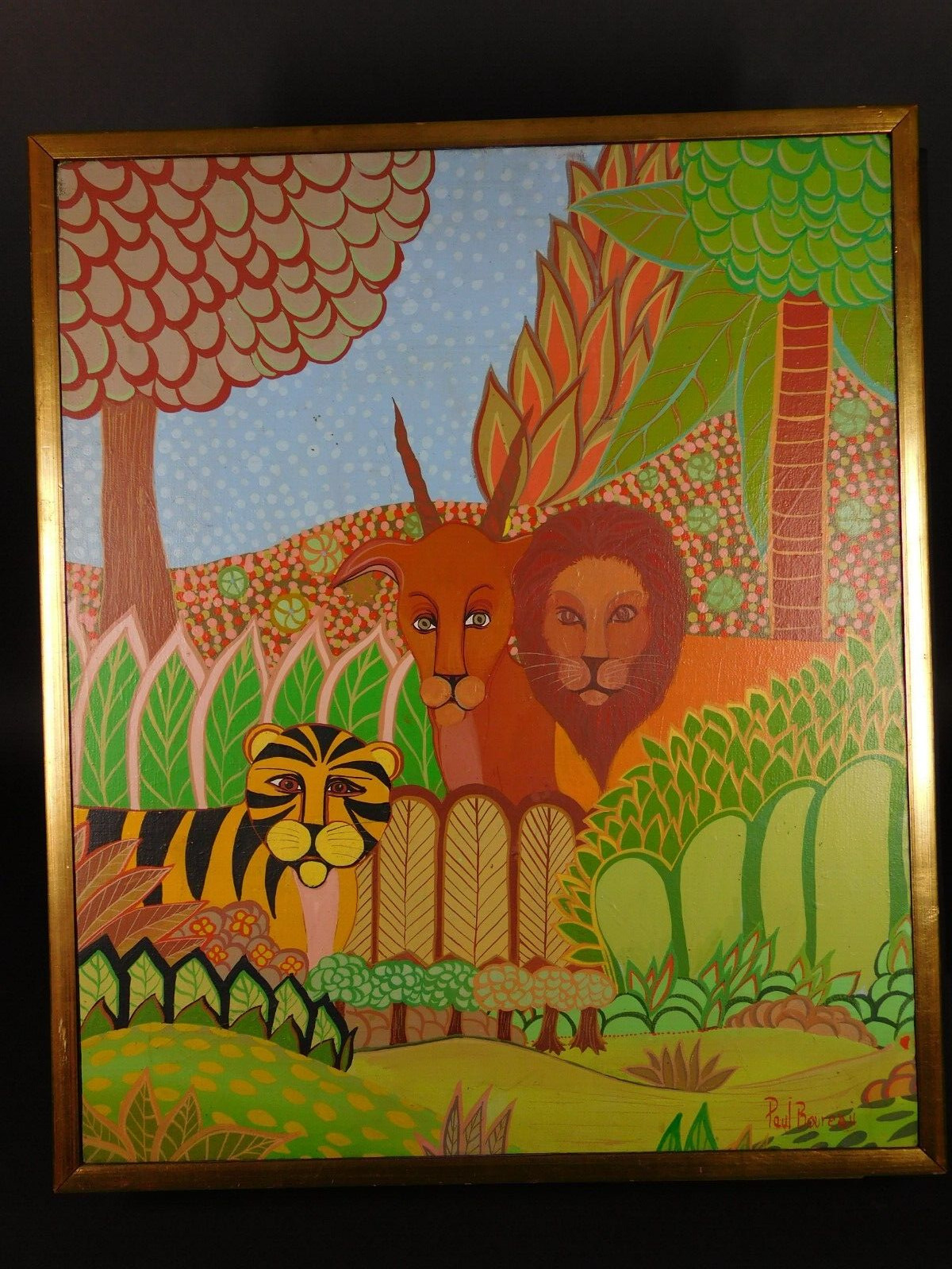 PAUL BOUREAU Framed Oil on Canvas Primitive Rousseau Style Painting of Animals